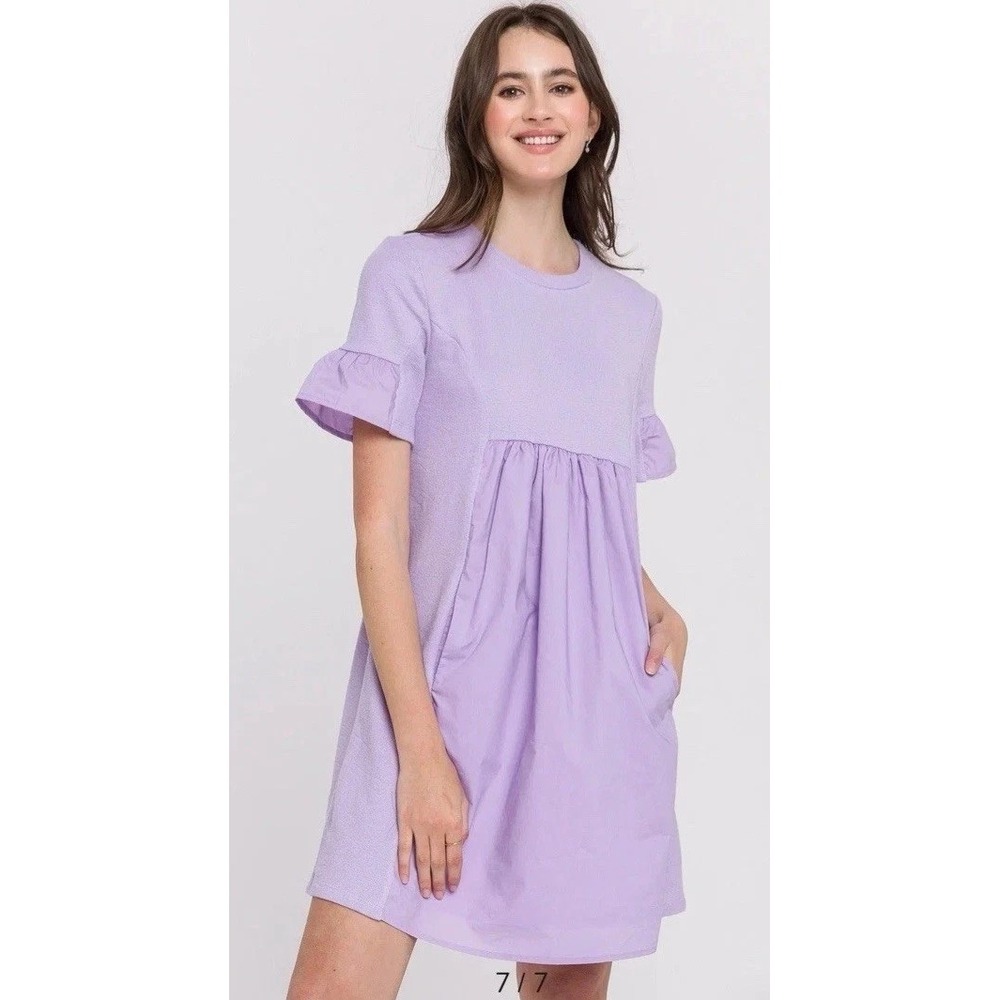 English Factory Lavender Purple Mini Dress Baby Doll Pockets Mixed Media Size MD